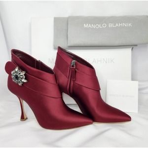 Manolo Blahnik Danka Embellished Ankle Boots in Dark Red Satin Size 37 105mm